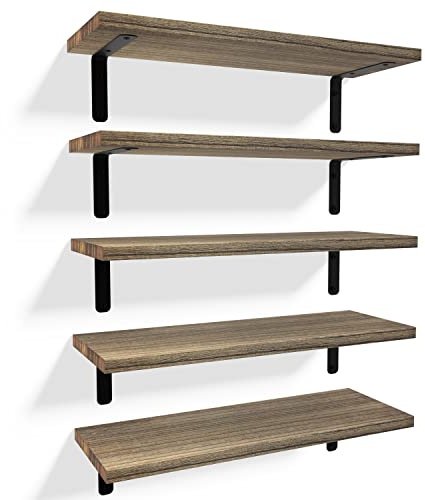 RICHER HOUSE Rustic Wood Shelves Set of 5, Farmhouse Style Floating Shelf for Wall Décor, Hanging Shelves for Bathroom, Bedroom, Storage, Kitchen, Living Room - Carbonized Black