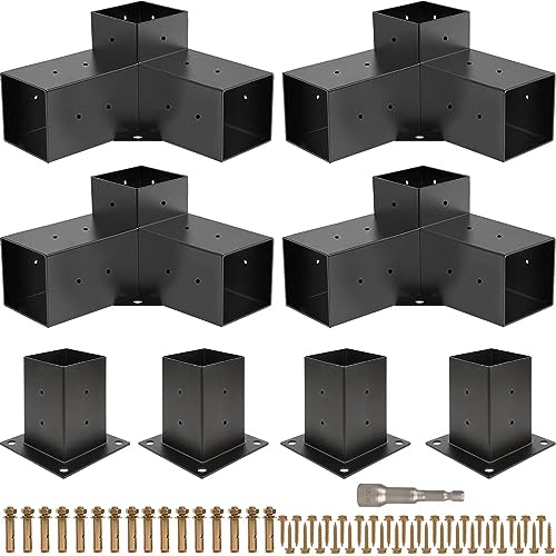 Grehitk Pergola Kit, Pergola Halterungen 3-Wege rechtwinklige Eckhalterung Holzarbeiten DIY Pfosten Basis-Kit, Terrassen-Pergolen, Holzhütte Outdoor Pergola Hardware für 4x4 Holz