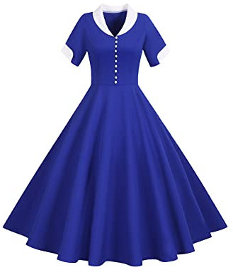 YMING Women Lapel Cocktail Dress Vintage Lapel Dress Retro Tea Party Dress Swing Prom Dresses Dark Blue L