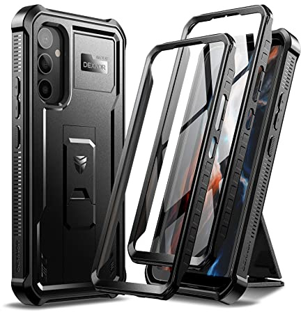 Dexnor Full Body Case for Samsung Galaxy A34【Double front frame & Kickstand 】, Bumpershock Technology Drop Protection Rugged Phone Cover Shockproof Protective Bumper Case - Black