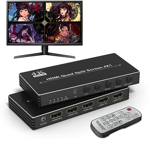 4K HDMI Multi-Viewer 4x1 HDMI Quad, HDMI Multi-Switcher 4 in 1 Out mit IR-Fernbedienung 4K@30Hz für PS4/PC/DVD