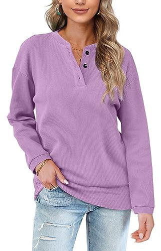 Aokosor Womens Long Sleeve Tops Ladies Loose Sweatshirts with Buttons Plain Jumpers Light Purple Size 18-20