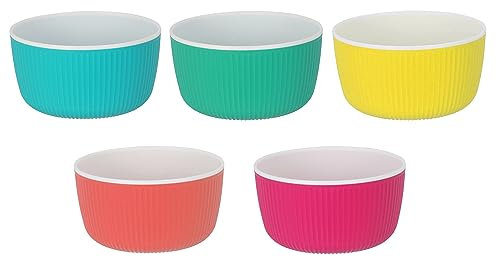 Plastic Cereal Bowls 5 Piece Reusable Small Bowl for Picnic Breakfast Soup Snack Fruit Rice Noodle Kids Children Colourful Dining Picnic Camping Party Lightweight Unbreakable