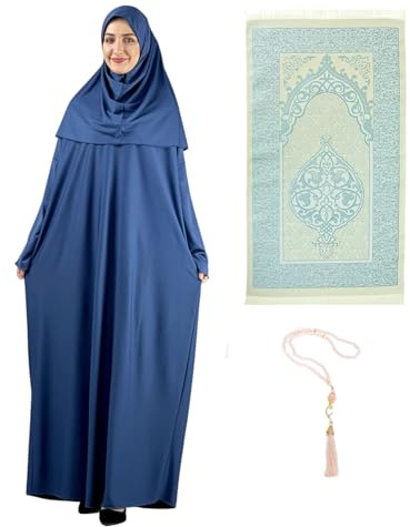 Prien kvinnor bönkläder med hijab bönpärlor bönematta, damer muslimska kläder, islam abaya-set, Ferace Tesettdörr Giyim, islamisk långärmad klänning, huvudduk, bönklänning för ramadan, indigo, En