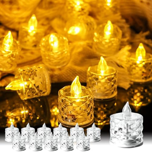 TINYOUTH 12PCS LED Tea Light Candles, Flameless Crystal Tealights Candles Batteries Included for Wedding Party Anniversary Engagement Decoration, Diamonds Shell