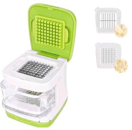 fghuim Garlic Press,Double cutting Crusher, Cutter, Mincer, and Storage Container (Green).