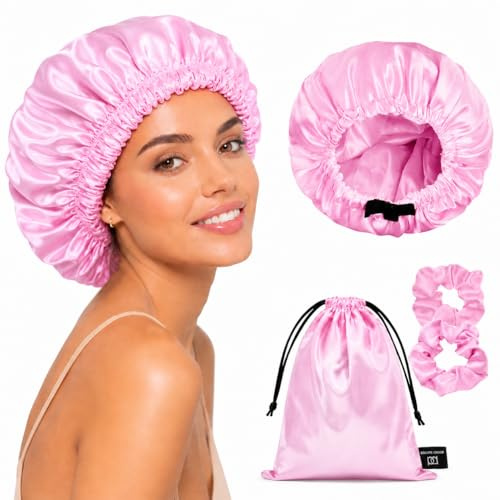 BONNET QUEEN Seidenhaube zum Schlafen – Doppellagige, wendbare Satin-Haarhaube mit verstellbarem Band, Bonnet Seide für Locken & glattes Haar, inkl. 2 Scrunchies & Satinbeutel, Rosa