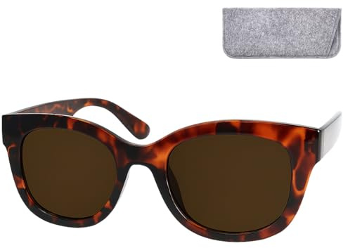 Retro Dicker Sonnenbrille mit Dioptrien für Damen und praktischem Etui | Breite Vintage-Fassung, getönte UV400-Gläser und 31 g – wählbar in zwei Farben sowie 0,0 bis +2,5 Dioptrien.