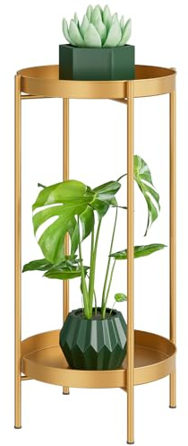 Supporto per Piante Interno Esterno - 2 Livelli Portavaso in Metallo Tavolino per Piante Alto Organizzatore Piedistallo per Vasi Scaffale Espositivo Antiruggine per Casa Giardino Patio Balcone, Oro