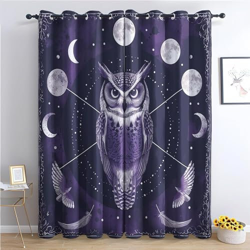 EXSANLIEAY Verdunklungsvorhänge Eule, Vorhang Blickdicht Nachthimmel Vorhänge mit öSen 2er Set für Schlafzimmer Kinderzimmer, Deko Gardinen Wohnzimmer-260 x 140 cm (H X B)