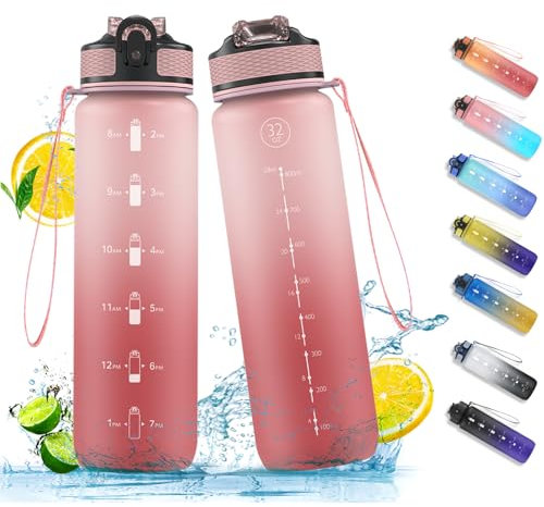 NAVTUE Water Bottle, 1L Drinks Bottle with Straw, Time Markings, Leak Proof, Tritan BPA free for School/Cycling/Running (LightPink 1 Bottle)