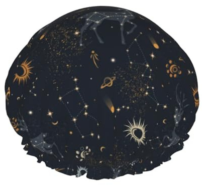 Bonnet de douche pour douche – Voie lactée, soleil, constellation, cerf, double couche, réutilisable, résistant à l'eau, grand bonnet de douche pour femme avec doublure en PEVA et corde élastique
