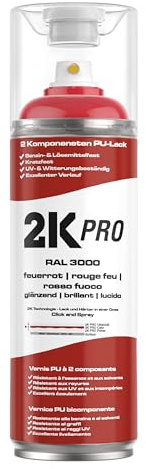 2K PRO 2K Spraydose 400ml - 2 Komponenten Sprühlack, Schnelltrocknender Spritzlack, UV-Beständig, Stoss- und Kratzfest | RAL3000 - Feuerrot Glanz