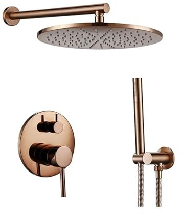 Juego de Grifo de ducha de baño negro, cabezal de ducha de lluvia de montaje en pared, desviador de frío y caliente, mezclador de bañera de bronce con ducha de mano(Rose Gold,10 inch thick)
