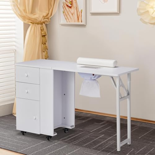 Winado Foldable Manicure Table Nail Table for Nail Tech, Nail Desk Station Makeup Beauty Salon Storage Acetone Resistant with Electric Dust Collector, Lockable Wheels, Wrist Cushion, Drawers & Cabinet