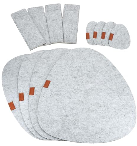 MamboCat Alois Set de table 12 pièces gris clair I 4 sets de table, dessous de verre et pochette à couverts en feutre pour 4 personnes I Pour vaisselle, verres, gobelets et couverts I Décoration de