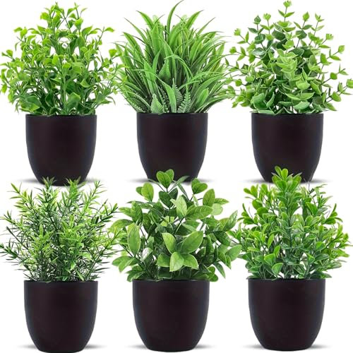 ELLECILA 6 Pcs Small Artificial Plants-In-Pots, Mini Fake Plants Faux Plastic Potted, Artificial Plants Indoor, Plastic Greenery Plants for Table Desk Shelf Office Kitchen Bedroom Outdoor Decor