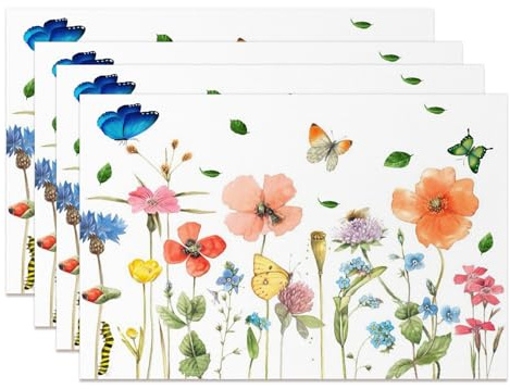 MIRRORANG Set di 4 tovagliette da giardino ad acquerello, 45 x 30 cm, motivo fiori e farfalle, per cucina, sala da pranzo, feste primaverili ed estive