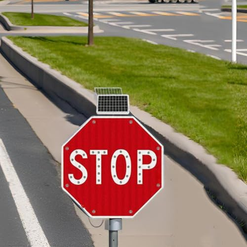 Solar LED 24 Stop Sign, Solar Powered LED Blinking Stop Signs, Aluminum Illuminated Light Traffic Road Warning Sign, IP65 Waterproof