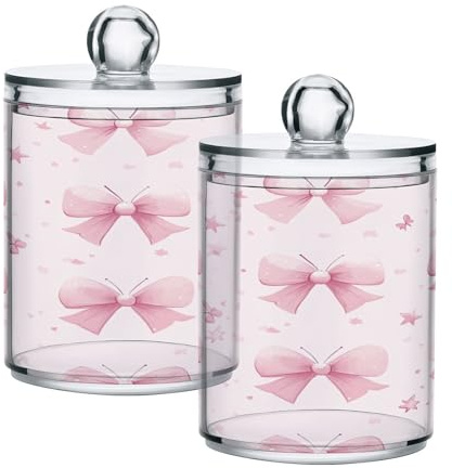 Ewusp Pink Bow Qtip Holder 2 PCS Clear Plastic Apothecary Jars with Lid Cotton Pad Holder Dispenser Cotton Bud Holder Bathroom Storage Container Makeup Organiser