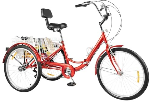 ATIVLB 24 Zoll Dreirad FüR Erwachsene,3 RäDer Fahrrad,Cup Holder,Stable Pedals,Mudguards,Klingel, RüCkenlehne FüR Damen Herren,Modern, von 5,25-5,9ft und einem Gewicht von weniger als 264,5 lbs,Rot