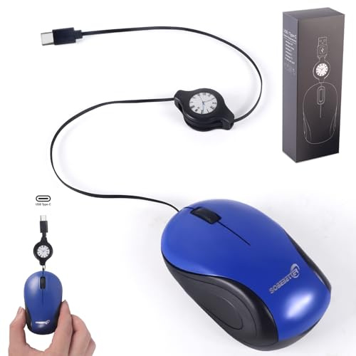 Mini Souris Filaire avec Rétractable Câble USB-C 70cm,Souris d'ordinateur 1000D-PI,Ambidextre Petite Mouse avec Fil de Voyage Portable pour PC, Gaming, Ordinateur de Bureau,Laptop,Petites mains (Bleu