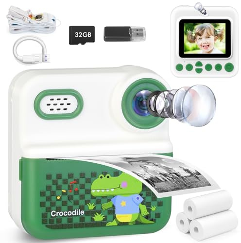 Kids Camera Instant Print with 32GB Card, 1080p Video, 2.4in Screen, Front Rear Dual Selfie, Perfect Christmas Birthday Gifts Portable Travel Toys Camera for Kids 3-12 Years (Green)