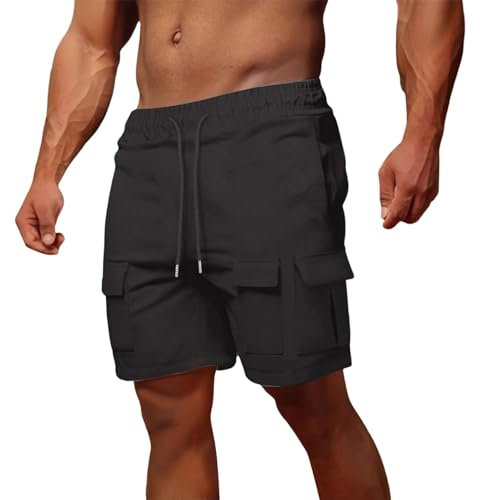 Herren-Cargo-Shorts im Retro-Stil, lässig, schnell trocknend, zum Wandern, kurze Sommer-Laufhose mit mehreren Taschen, Lounge-Sporthose mit elastischem Bund, Schwarz , M