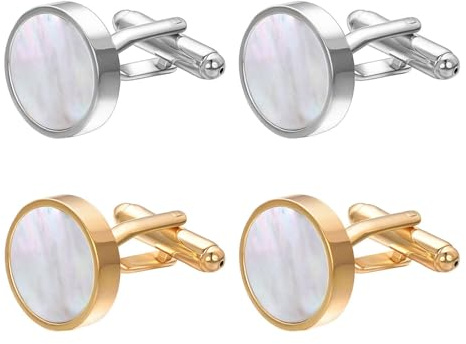 TJUSPIRIT 2 Paar Herren Manschettenknöpfe Mens Cufflinks- Silber & Gold | Runde Perlmutt-Oberfläche - Elegantes Accessoire für Business & Hochzeit