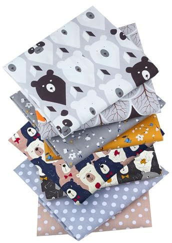 Gorsmoon 8er Set Baumwollstoff Meterware 50x50cm-Hochdichter Baumwollstoff Nähen,Patchwork&Quilten-Stoffpaket mit Tiermotiven,Blumen,Punkten&Karos für DIY-Handarbeiten (8, Brauner Bär)