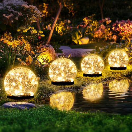 Solar Lights Outdoor Garden, Solar Globe Lights Waterproof, Cracked Glass Ball Outdoor Decorations for Balcony Backyard Yard Patio Porch (4 Pack, Warm White)