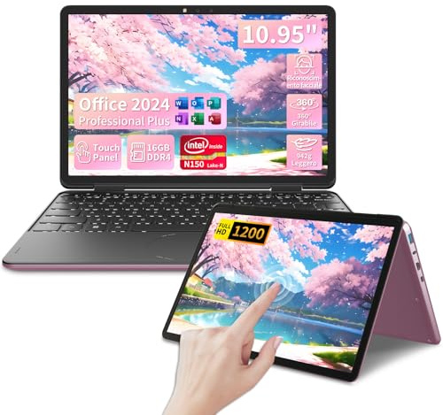 MOREPC Notebook 2 in 1 touchscreen da 10,95 pollici, con design a 360° Portatile leggero con processore N100 / Schermo IPS 1920x1200 16GB RAM DDR4 / Tastiera retroilluminata (Oro rosa, 16+512GB)