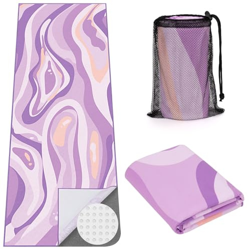 MicaYoung Toalla de yoga con grandes bolsillos en las esquinas, tapete de microfibra antideslizante para yoga, pilates y entrenamiento de gimnasio 66x188 cm, Morado