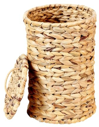 Wicker Waste Paper Bin | Woven Trash Can With Lid | Bohemian Basket Rustic Home Decor | For Bedroom Bathroom Living Room Entryway Apartment Dorm Office Restaurant Shop Hotel 12x7inch