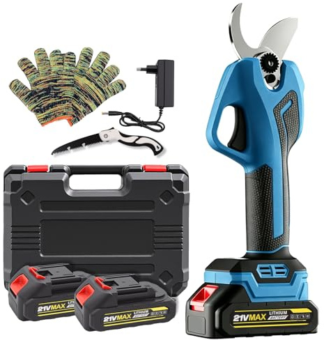 Tijeras de podar eléctricas profesionales de 40 mm de diámetro, cuchillas SK5, dos baterías de litio de 2000 mAh, pantalla LCD, motor sin escobillas, incluye sierra, guantes y piedra de afilar. Juego