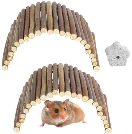 SLIAXINT Set da 2 Giochi Criceto in Legno Naturale, Giocattoli da Masticare in Legno, Giochi per Conigli, Tunnel Ponte Flessibile per Roditori, Giocattoli per Criceti e Piccoli Animali