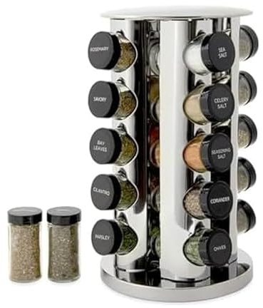 Kamenstein 20 Jar Revolving Countertop Spice Rack with Spices Included, FREE Spice Refills for 5 Years, Polished Stainless Steel with Black Caps, 30020