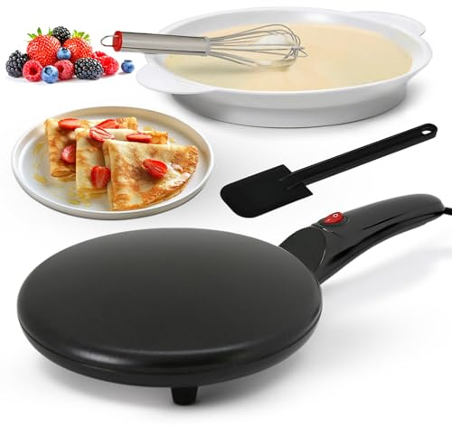 Nutrichef Electric Crepe Maker | 8-inch Nonstick Cooktop with On/Off Switch | Cooks Roti, Tortillas & Pancakes | Automatic Temperature Control & Cool Touch Handle | Includes Food Bowl, Whisk & Spatula