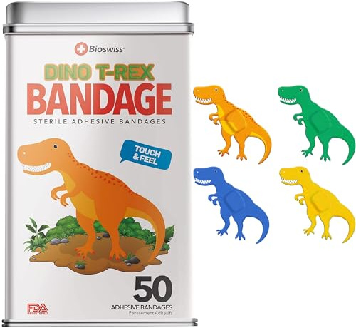 BioSwiss Kids Bandaids Collectable Tin - Vendaje autoadhesivo de dinosaurio colorido, divertido, para niñas y niños, adultos, primer ayuda, regalo novedoso, 50 unidades