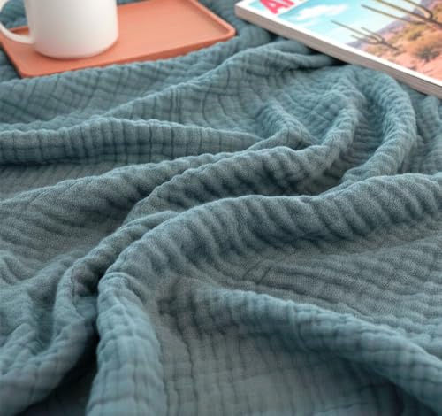 KyraHome Coperta estiva in 100% cotone biologico, 140 x 152 cm, per divano e divano, per adulti, pre-lavata, tinta a mano, traspirante, morbida, leggera, per tutte le stagioni (blu ardesia)