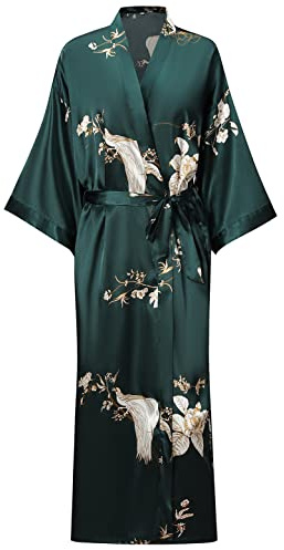 Damen-Bademantel, weich, lang, aus Seide, volle Länge, Kimonos, seidiger Bademantel, Morgenmäntel, Blumendruck, Grün, XXL/3XL
