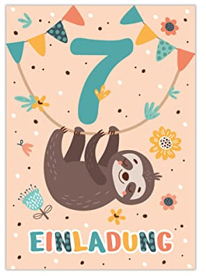 Junapack 12 Einladungskarten zum 7. Kindergeburtstag Einladung zum siebten Geburtstag Mädchen Jungen Faultier