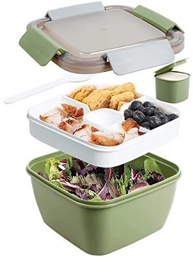 Greentainer Lunchbox Auslaufsichere Bento Box mit 1 Gabel, Salatbehälter mit Dressingbehälter, 3 Fächer Salatbox-to-go für Schule,Arbeit,Picknick, Reisen,Camping