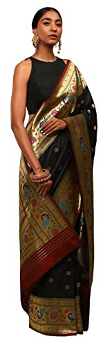 Sarees For Women Banarasi Kanjivaram Art Silk Woven Sari l Indian Ethnic Wedding Gift Sari con blusa sin costuras, Negro 1