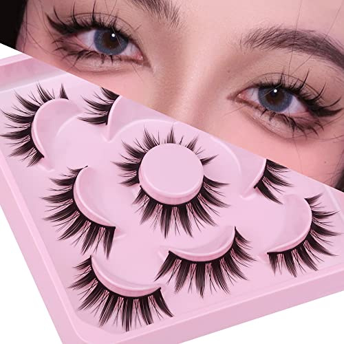 False Eyelashes Natural Cosplay Lashes Doll Anime Japanese Faux Mink Lashes Pack Spiky Manga Fake Eyelashes Wispy Long Thick Ruffle Fake Eye Lashes 5 Pairs