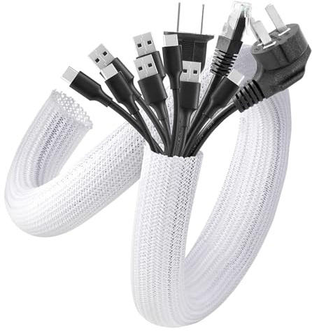 AGPTEK Cable Management Sleeve Cover, 2Pack 5ft - 1.6inch Cord Management System for Desk PC TV Computer Projector Wires Protection and Organization, Home, Theater and Office, White