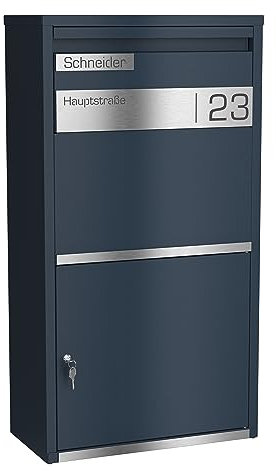 Graviers Design Paketbriefkasten personalisiert freistehend - pulverbeschichteter Stahl mit Edelstahl Namensschild Gravur - Briefkasten Rückholsperre Postbox für Pakete Briefe Paketbox Design 1