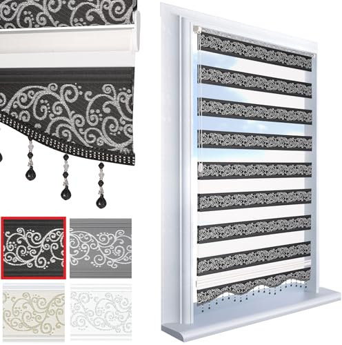 Brillant Doppelrollo Klemmfix ohne Bohren Schwarz Silber 200 x 50 cm (Länge x Breite) Duorollo Blickdicht mit Perlen, glitzert, Raffrollo Fenster Tür Zebra Perde Klemmrollo Seitenzugrollo