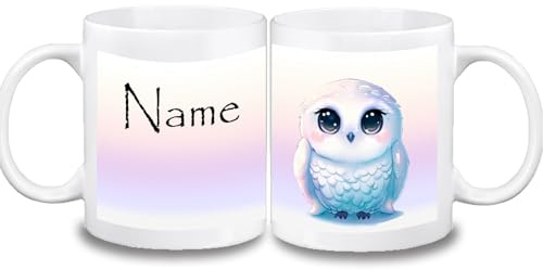 Kinder Tasse personalisiert Schneeeule mit Name | Farbwahl Tasse, Schriftwahl für Name, Keramik oder Kunststoff