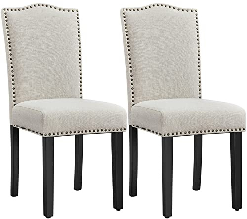 Yaheetech 2PCS Sillas de Comedor en Tela Pack2 Silla Tapizada Sillas de Cocina con Respaldo Alto Patas de Madera Sillas de Dormitorio para Cocina Salón 43×58.5×97cm Beige